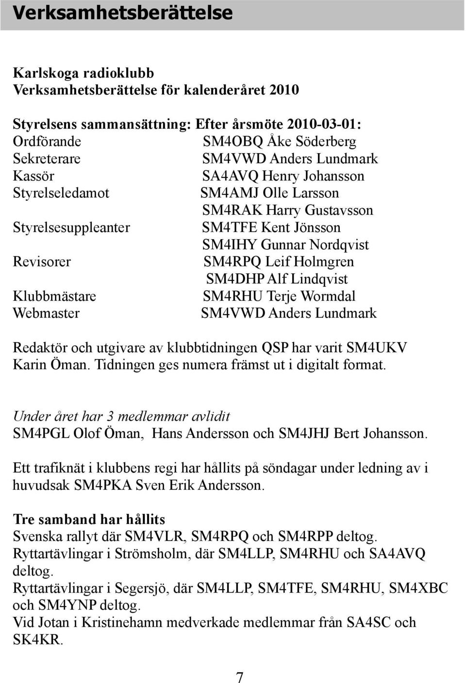 SM4DHP Alf Lindqvist Klubbmästare SM4RHU Terje Wormdal Webmaster SM4VWD Anders Lundmark Redaktör och utgivare av klubbtidningen QSP har varit SM4UKV Karin Öman.