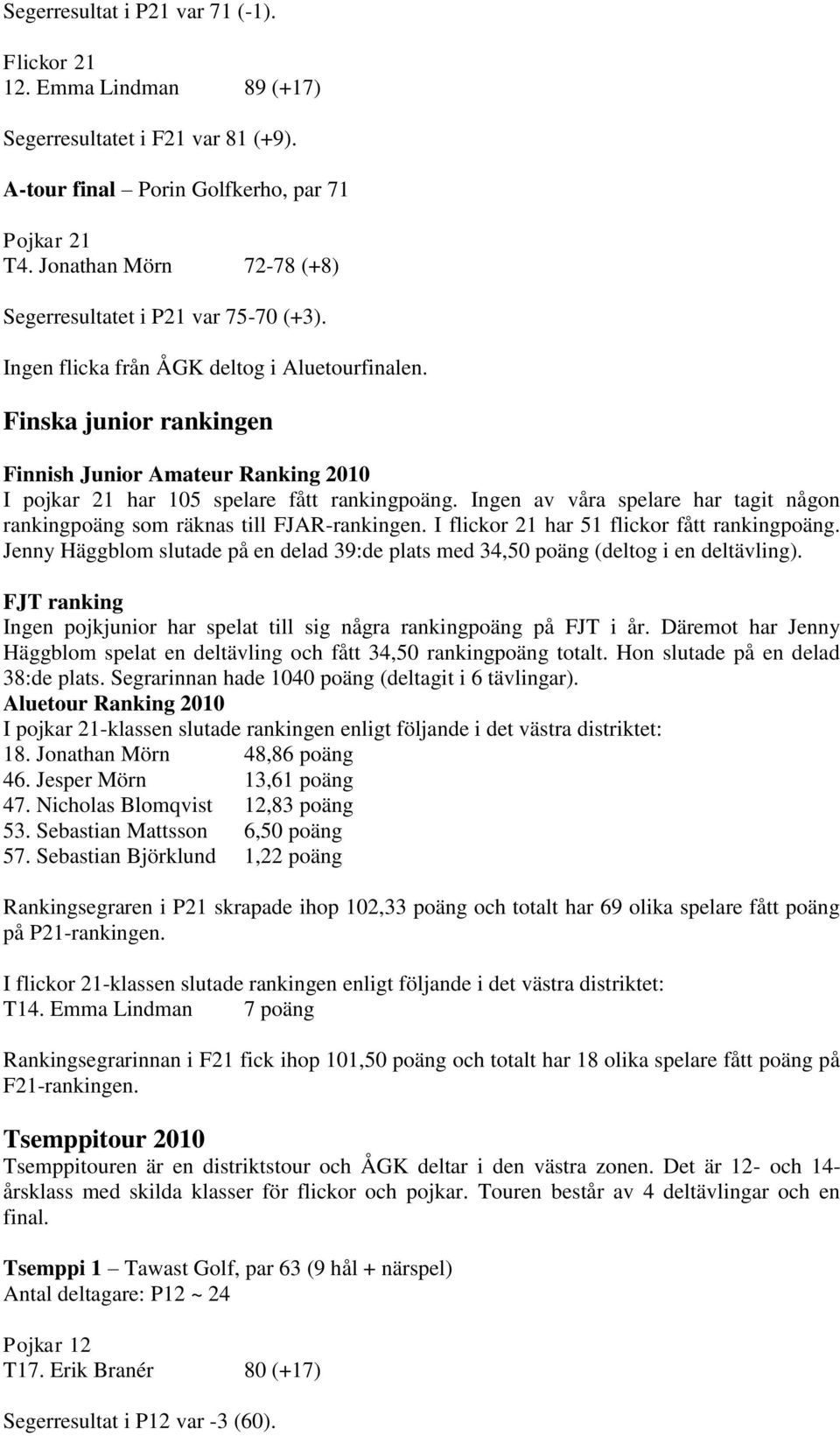 Finska junior rankingen Finnish Junior Amateur Ranking 2010 I pojkar 21 har 105 spelare fått rankingpoäng. Ingen av våra spelare har tagit någon rankingpoäng som räknas till FJAR-rankingen.