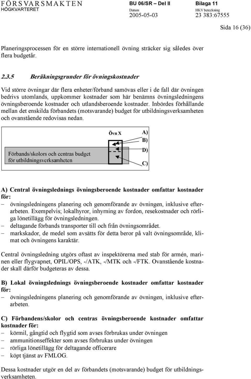 5 Beräkningsgrunder för övningskostnader Vid större övningar där flera enheter/förband samövas eller i de fall där övningen bedrivs utomlands, uppkommer kostnader som här benämns övningsledningens