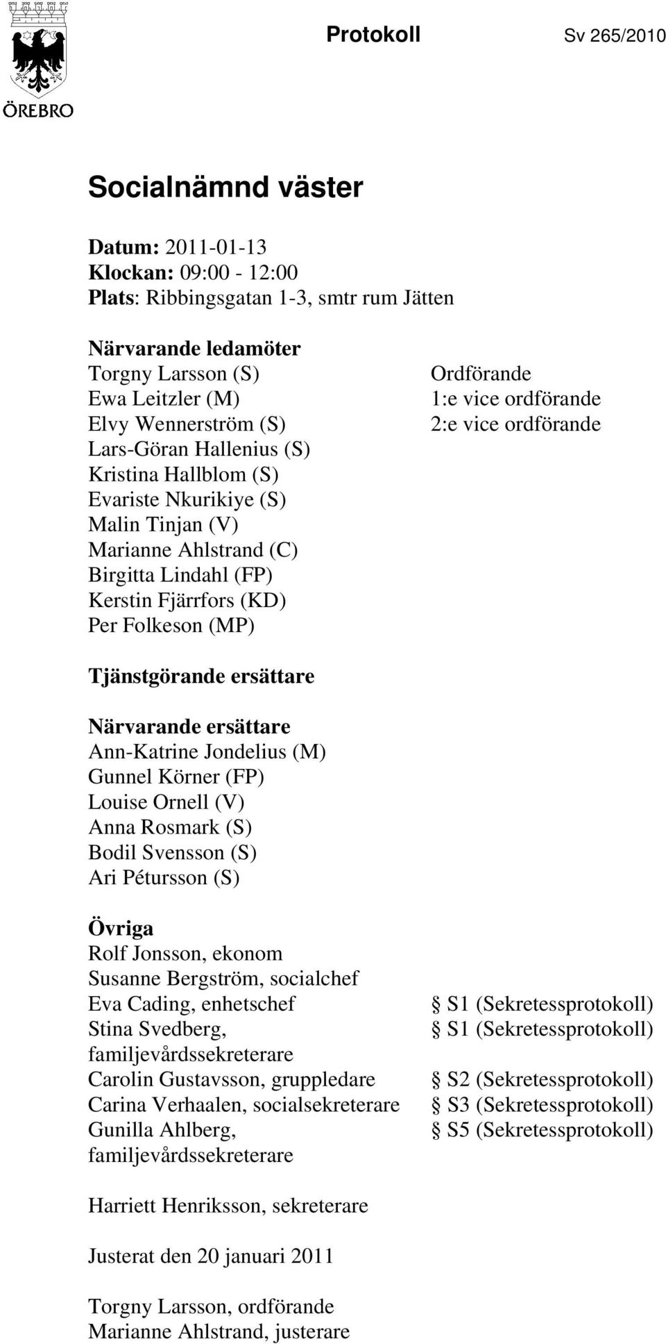 ordförande 2:e vice ordförande Tjänstgörande ersättare Närvarande ersättare Ann-Katrine Jondelius (M) Gunnel Körner (FP) Louise Ornell (V) Anna Rosmark (S) Bodil Svensson (S) Ari Pétursson (S) Övriga