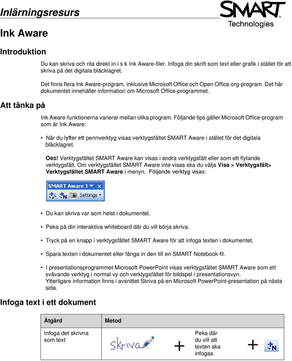 Det här dokumentet innehåller information om Microsoft Office-programmet. Ink Aware-funktionerna varierar mellan olika program.