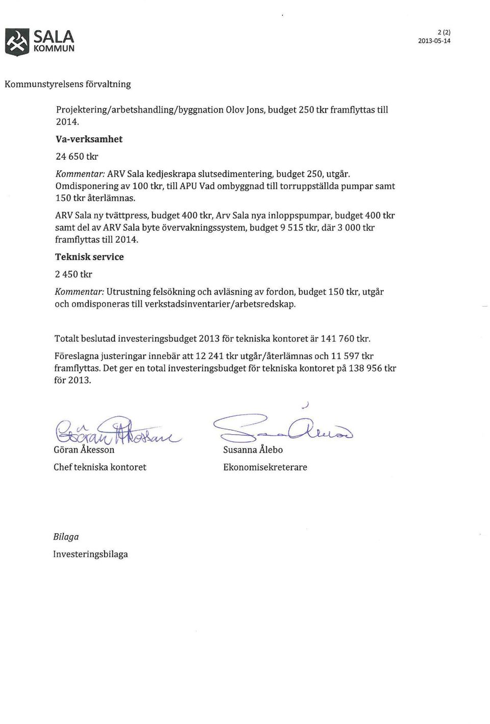 ARV Sala ny tvättpress, budget tkr, Arv Sala nya inloppspumpar, budget tkr samt del av ARV Sala byte övervakningssystem, budget 9 515 tkr, där 3 000 tkr framflyttas till2014.