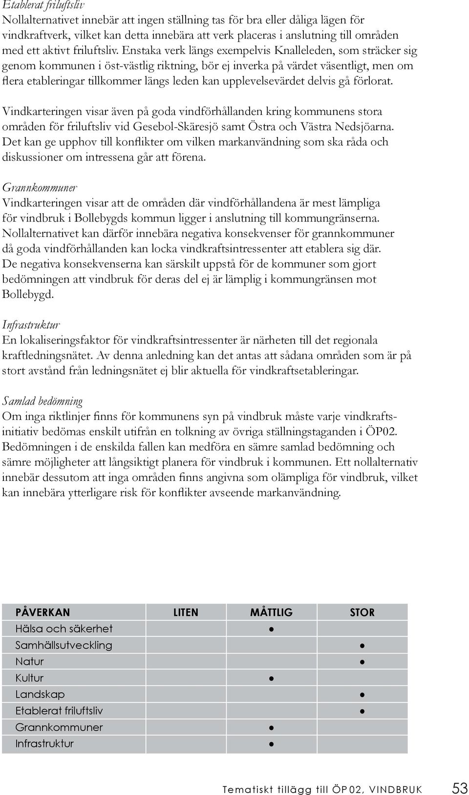 Enstaka verk längs exempelvis Knalleleden, som sträcker sig genom kommunen i öst-västlig riktning, bör ej inverka på värdet väsentligt, men om flera etableringar tillkommer längs leden kan