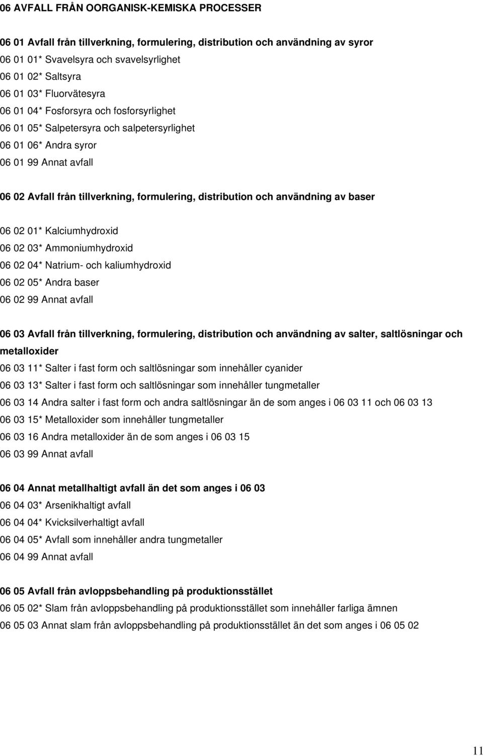 distribution och användning av baser 06 02 01* Kalciumhydroxid 06 02 03* Ammoniumhydroxid 06 02 04* Natrium- och kaliumhydroxid 06 02 05* Andra baser 06 02 99 Annat avfall 06 03 Avfall från