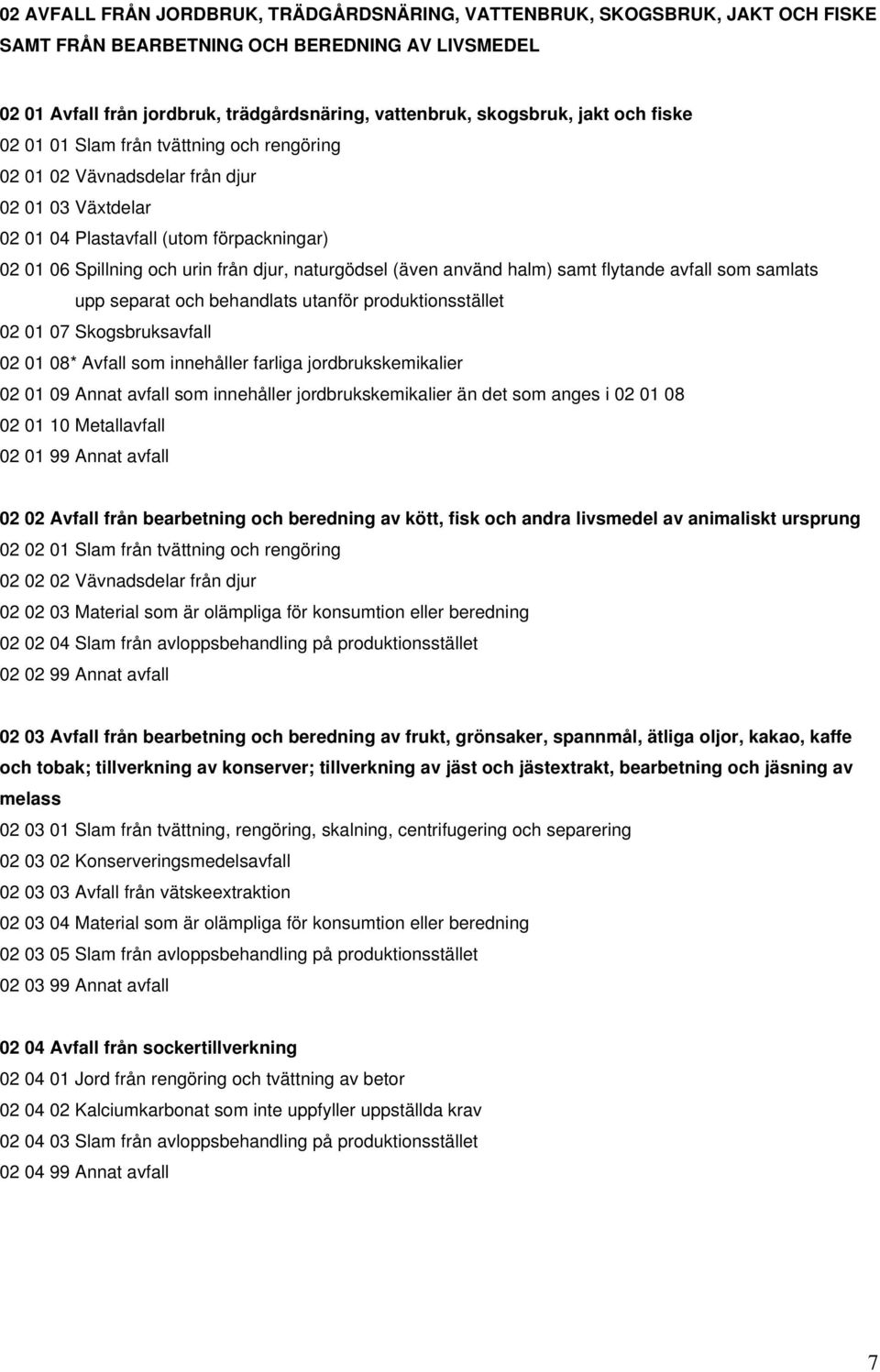 naturgödsel (även använd halm) samt flytande avfall som samlats upp separat och behandlats utanför produktionsstället 02 01 07 Skogsbruksavfall 02 01 08* Avfall som innehåller farliga