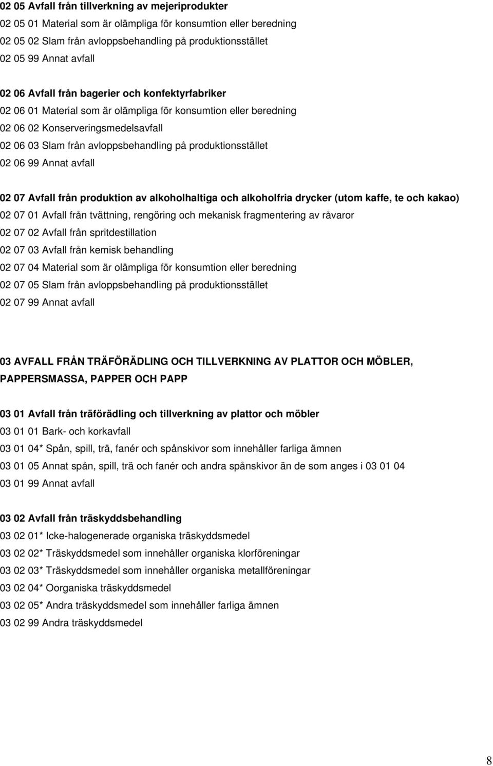 produktionsstället 02 06 99 Annat avfall 02 07 Avfall från produktion av alkoholhaltiga och alkoholfria drycker (utom kaffe, te och kakao) 02 07 01 Avfall från tvättning, rengöring och mekanisk