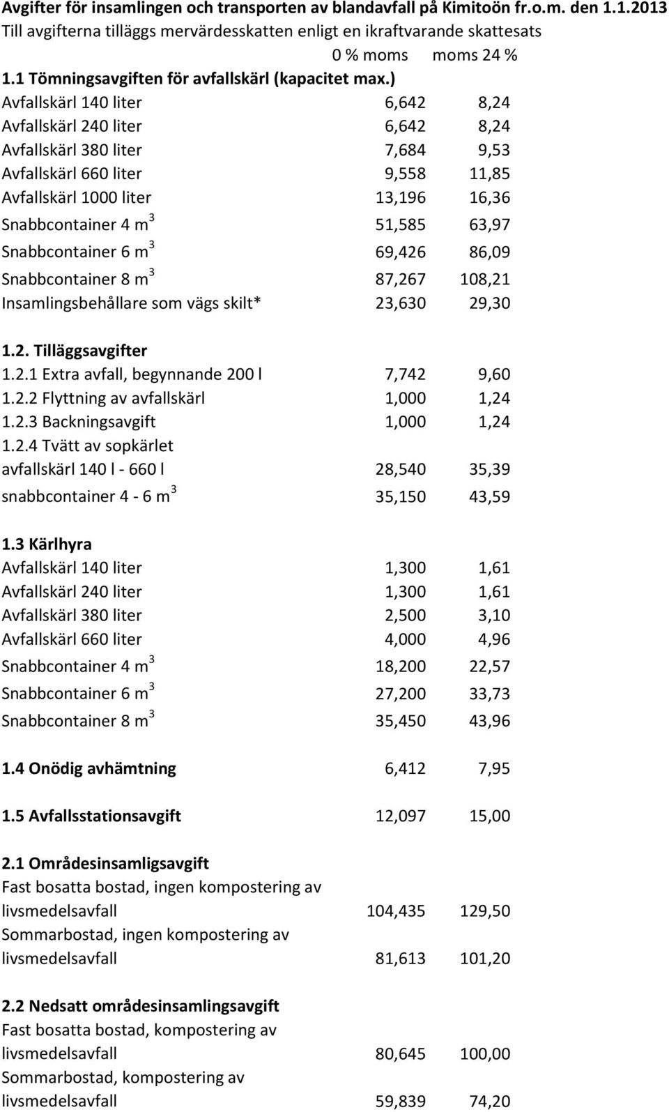 ) Avfallskärl 140 liter 6,642 8,24 Avfallskärl 240 liter 6,642 8,24 Avfallskärl 380 liter 7,684 9,53 Avfallskärl 660 liter 9,558 11,85 Avfallskärl 1000 liter 13,196 16,36 Snabbcontainer 4 m 3 51,585