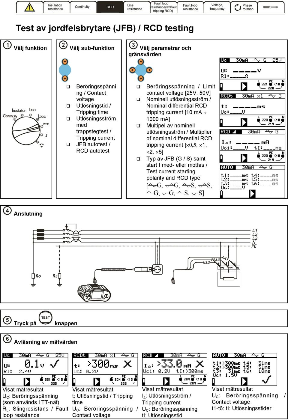 nominell utlösningsström / Multiplier of nominal differential RCD tripping current [ 0,5, 1, 2, 5] Typ av JFB (G / S) samt start I med- eller motfas / Test current starting polarity and RCD type [ G,