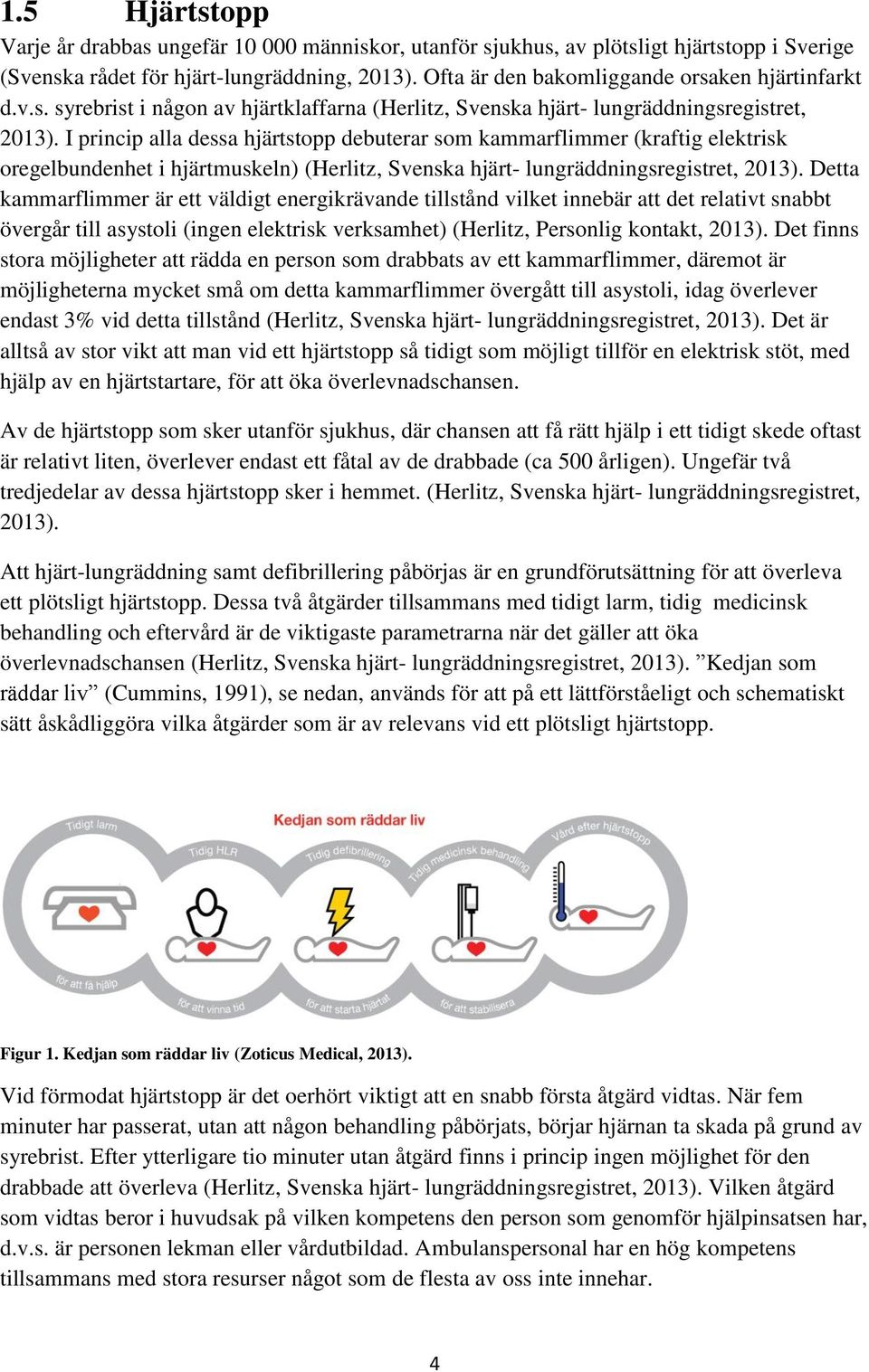 I princip alla dessa hjärtstopp debuterar som kammarflimmer (kraftig elektrisk oregelbundenhet i hjärtmuskeln) (Herlitz, Svenska hjärt- lungräddningsregistret, 2013).