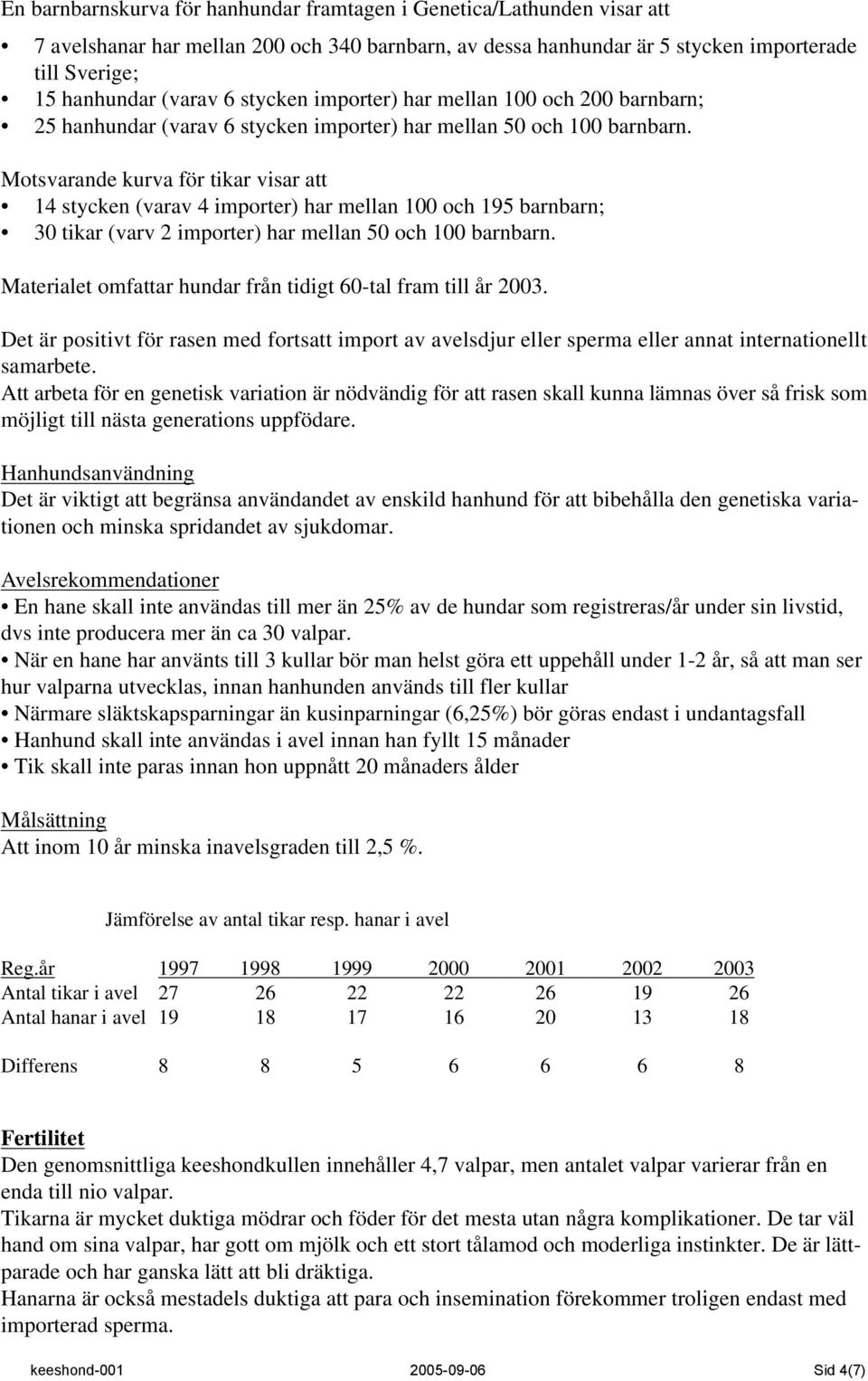 Motsvarande kurva för tikar visar att 14 stycken (varav 4 importer) har mellan 100 och 195 barnbarn; 30 tikar (varv 2 importer) har mellan 50 och 100 barnbarn.