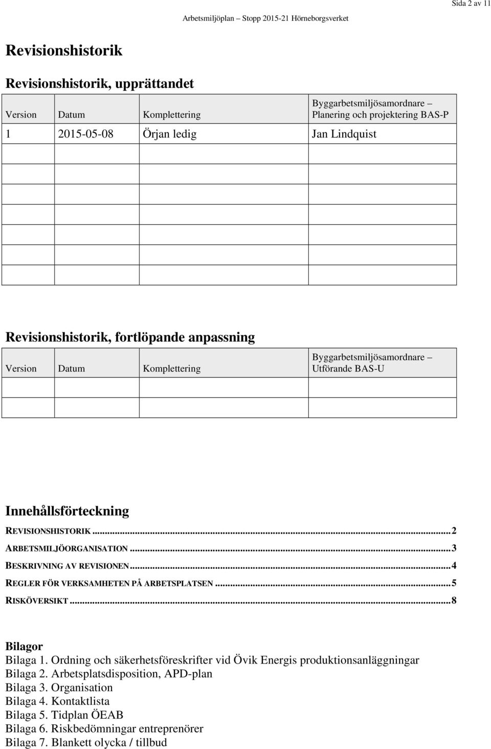 .. 3 BESKRIVNING AV REVISIONEN... 4 REGLER FÖR VERKSAMHETEN PÅ ARBETSPLATSEN... 5 RISKÖVERSIKT... 8 Bilagor Bilaga 1.