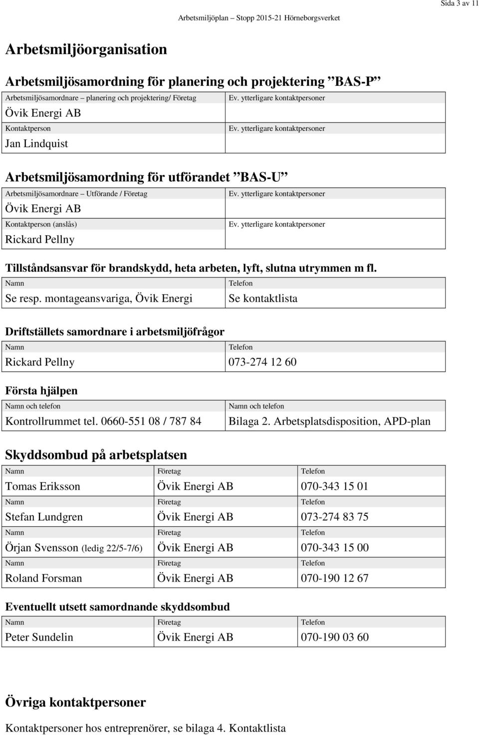 ytterligare kontaktpersoner Arbetsmiljösamordning för utförandet BAS-U Arbetsmiljösamordnare Utförande / Företag Övik Energi AB Kontaktperson (anslås) Rickard Pellny Ev.