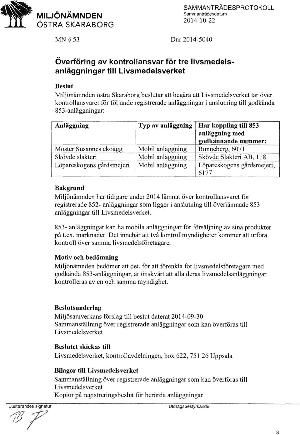 Susarmes ekoägg Mobil anläggning Runneberg, 6071 Skövde slakteri Mobil anläggning Skövde Slakteri AB, 118 Löpareskogens gårdsmejeri Mobil anläggning Löpareskogens gårdsmej eri, 6177 Bakgrund