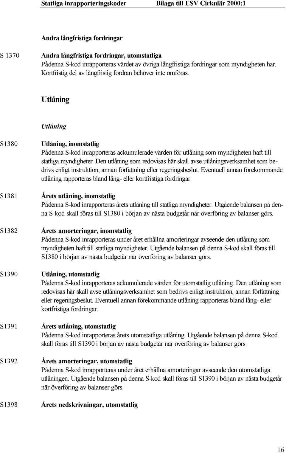 Utlåning Utlåning S1380 S1381 S1382 S1390 S1391 S1392 S1398 Utlåning, inomstatlig Pådenna S-kod inrapporteras ackumulerade värden för utlåning som myndigheten haft till statliga myndigheter.