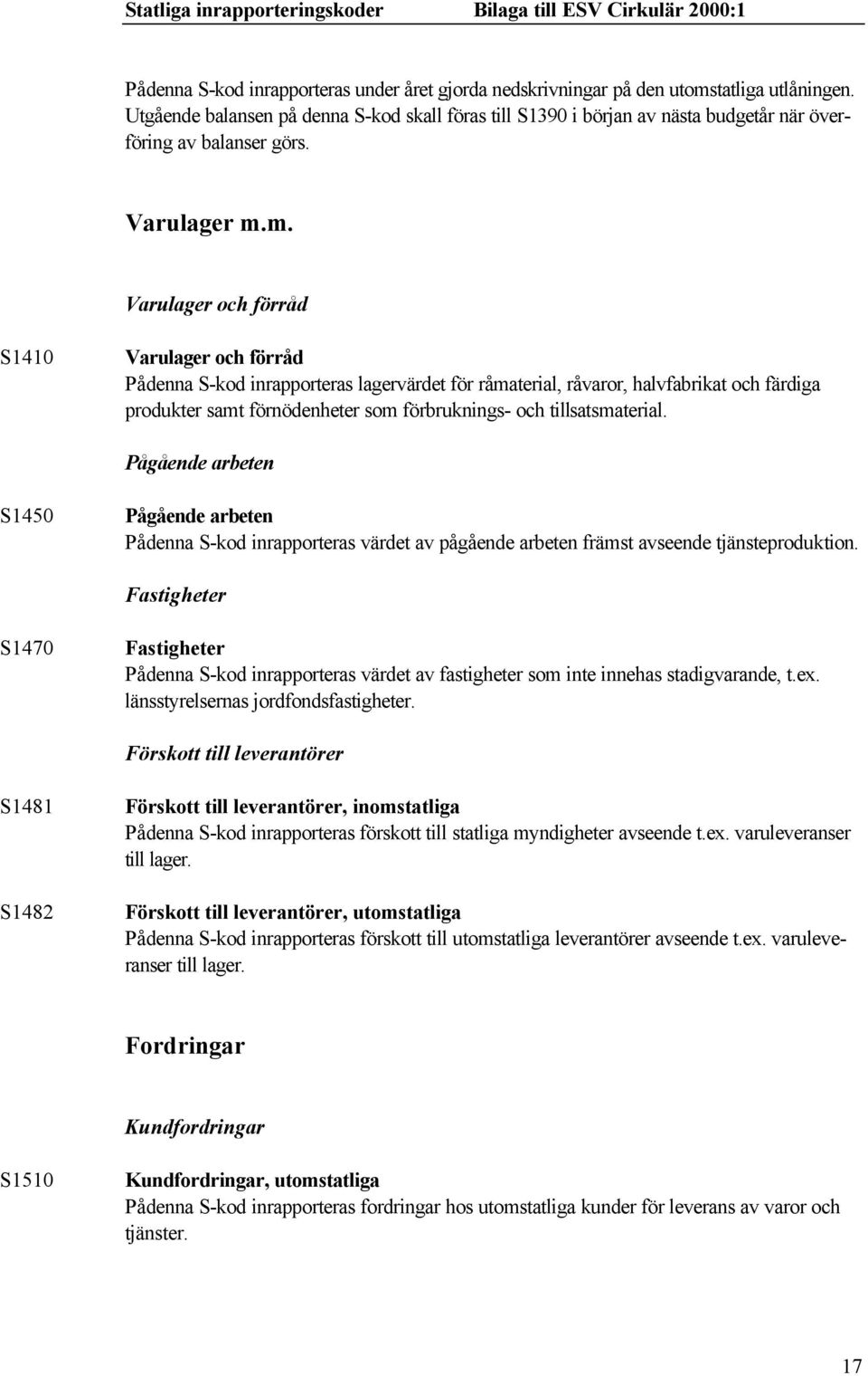 m. Varulager och förråd S1410 Varulager och förråd Pådenna S-kod inrapporteras lagervärdet för råmaterial, råvaror, halvfabrikat och färdiga produkter samt förnödenheter som förbruknings- och