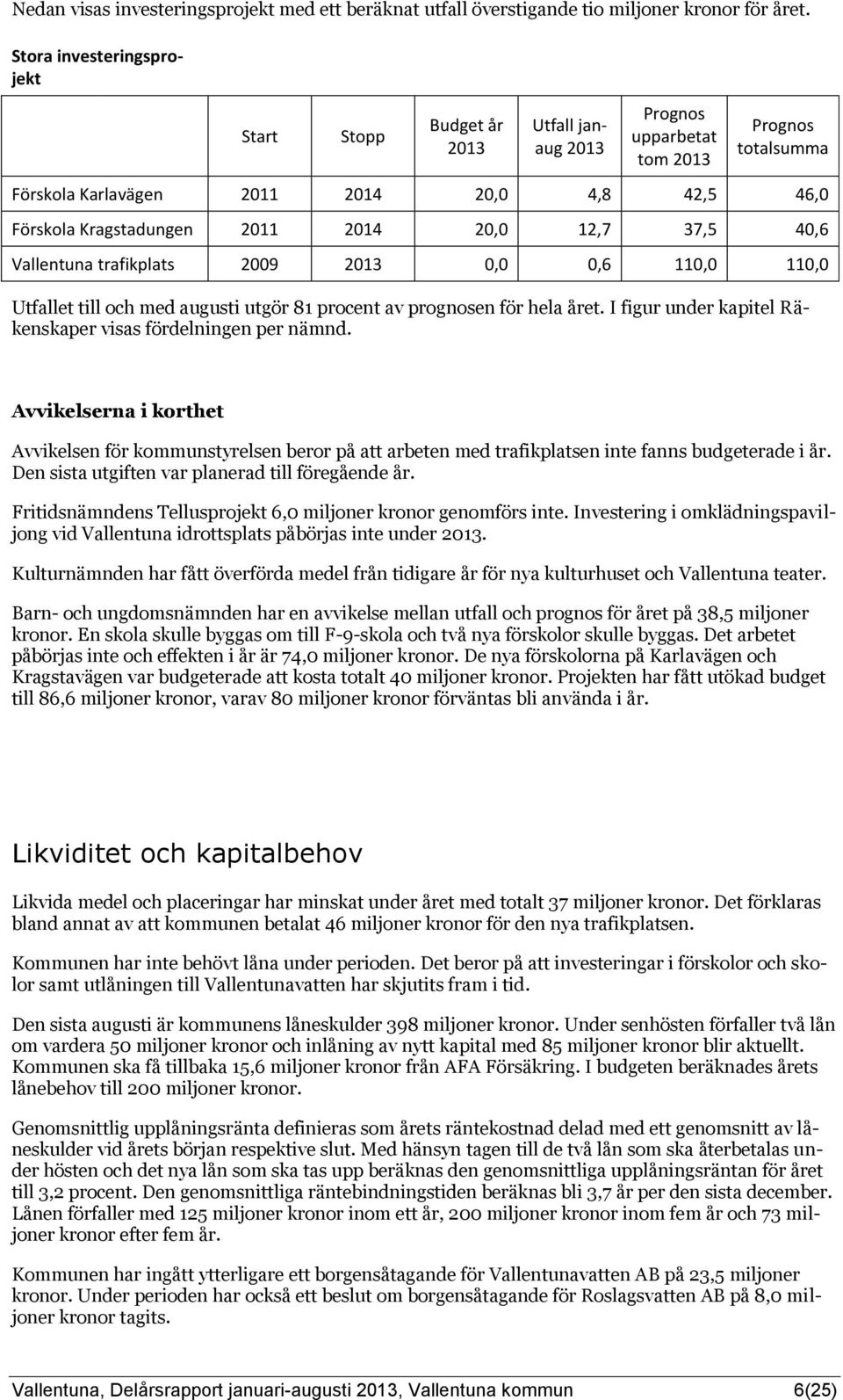 trafikplats 2009 0,0 0,6 110,0 110,0 et till och med augusti utgör 81 procent av prognosen för hela året. I figur under kapitel Räkenskaper visas fördelningen per nämnd.