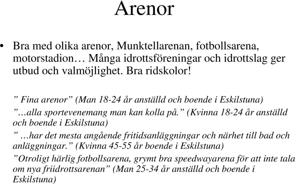 (Kvinna 18-24 år anställd och boende i Eskilstuna) har det mesta angående fritidsanläggningar och närhet till bad och anläggningar.