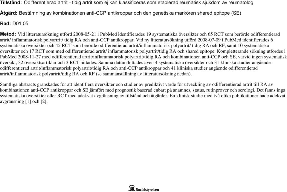 05 Metod: Vid litteratursökning utförd 2008-05-21 i PubMed identifierades 19 systematiska översikter och 65 RCT som berörde odifferentierad artrit/ inflammatorisk polyartrit/ tidig RA och anti-ccp