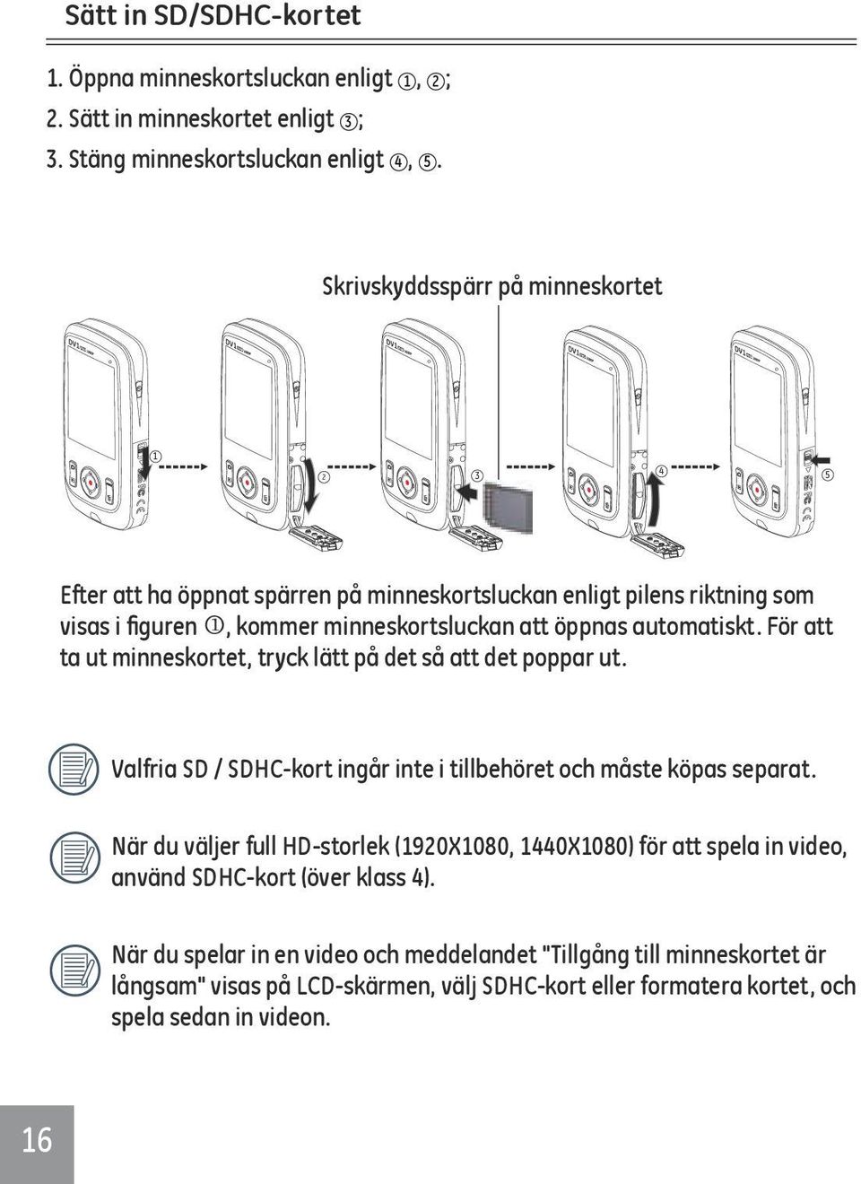 För att ta ut minneskortet, tryck lätt på det så att det poppar ut. Valfria SD / SDHC-kort ingår inte i tillbehöret och måste köpas separat.