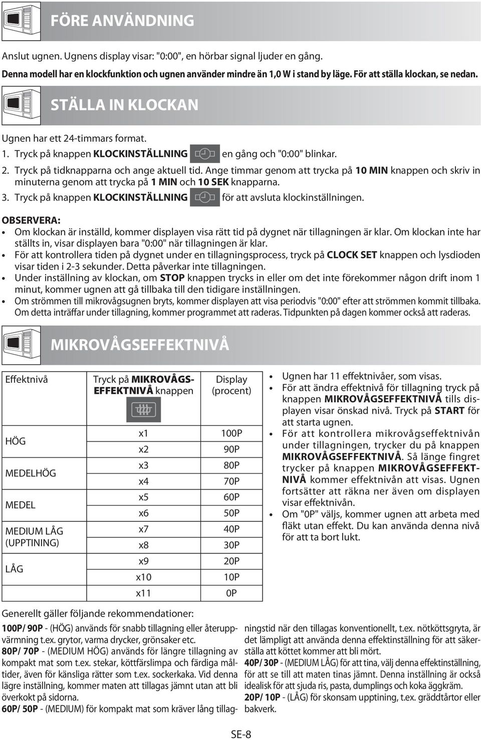 Ange timmar genom att trycka på 10 MIN knappen och skriv in minuterna genom att trycka på 1 MIN och 10 SEK knapparna. 3. Tryck på knappen KLOCKINSTÄLLNING för att avsluta klockinställningen.