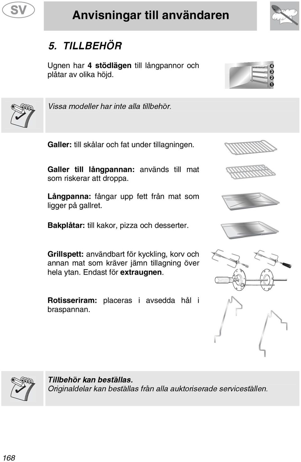 Långpanna: fångar upp fett från mat som ligger på gallret. Bakplåtar: till kakor, pizza och desserter.