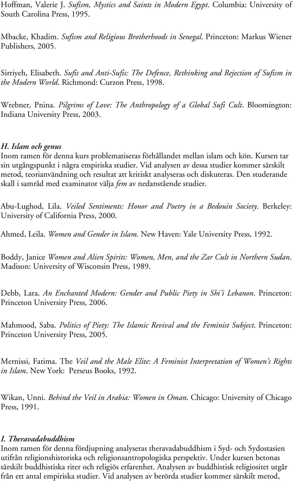 Pilgrims of Love: The Anthropology of a Global Sufi Cult. Bloomington: Indiana University Press, 2003. H. Islam och genus Inom ramen för denna kurs problematiseras förhållandet mellan islam och kön.
