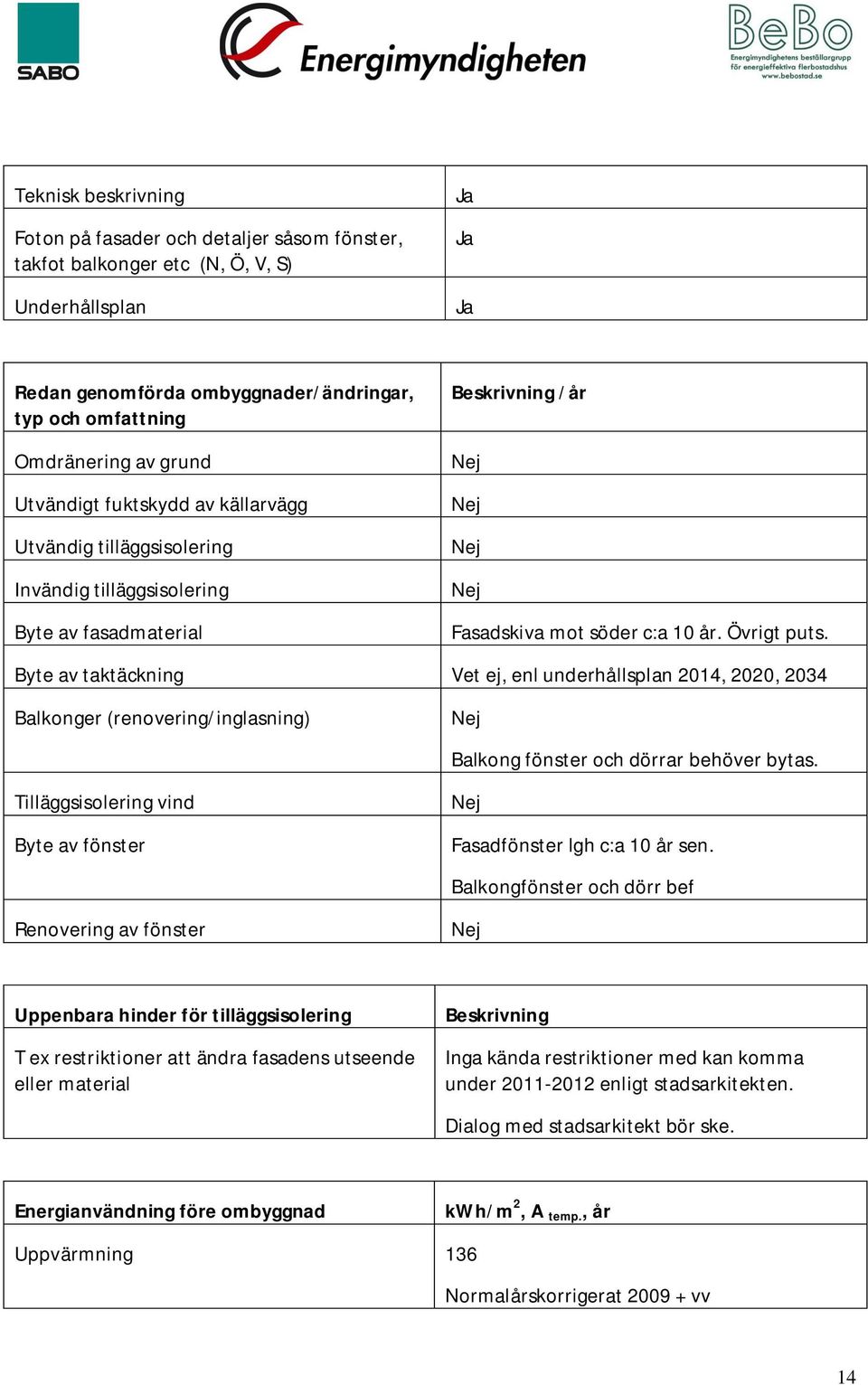 Byte av taktäckning Vet ej, enl underhållsplan 2014, 2020, 2034 Balkonger (renovering/inglasning) Balkong fönster och dörrar behöver bytas.