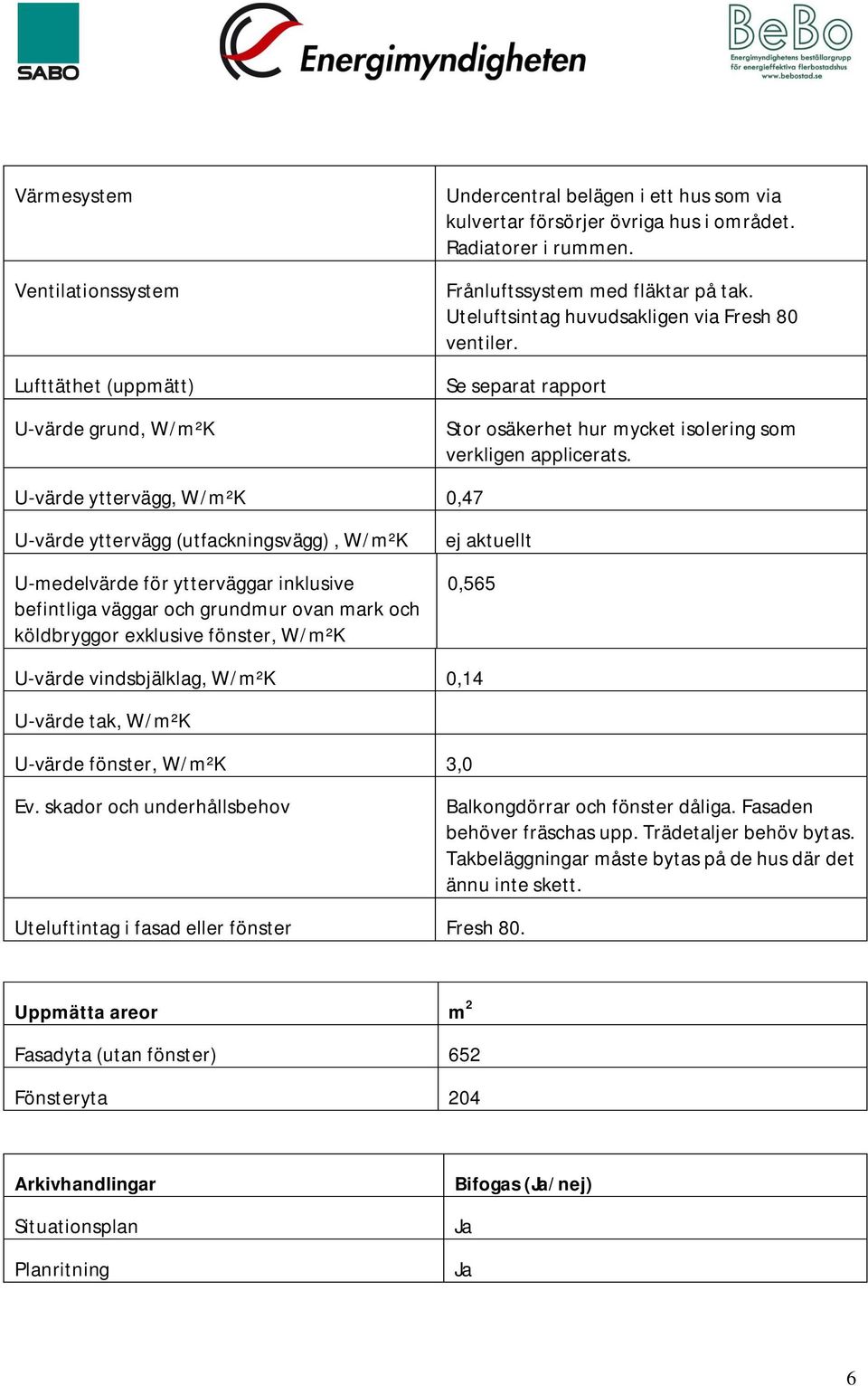 U-värde yttervägg, W/m²K 0,47 U-värde yttervägg (utfackningsvägg), W/m²K U-medelvärde för ytterväggar inklusive befintliga väggar och grundmur ovan mark och köldbryggor exklusive fönster, W/m²K ej