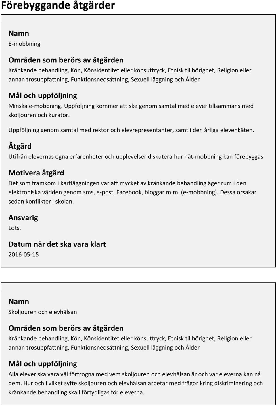 Uppföljning genom samtal med rektor och elevrepresentanter, samt i den årliga elevenkäten. Åtgärd Utifrån elevernas egna erfarenheter och upplevelser diskutera hur nät-mobbning kan förebyggas.