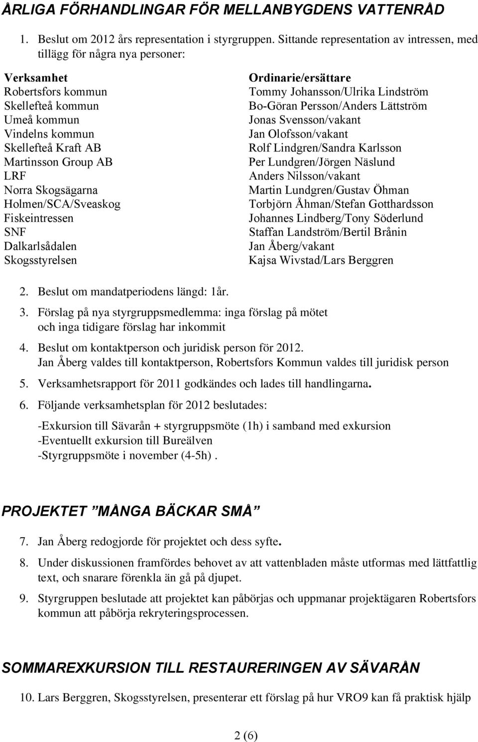 Skogsägarna Holmen/SCA/Sveaskog Fiskeintressen SNF Dalkarlsådalen Skogsstyrelsen Ordinarie/ersättare Tommy Johansson/Ulrika Lindström Bo-Göran Persson/Anders Lättström Jonas Svensson/vakant Jan