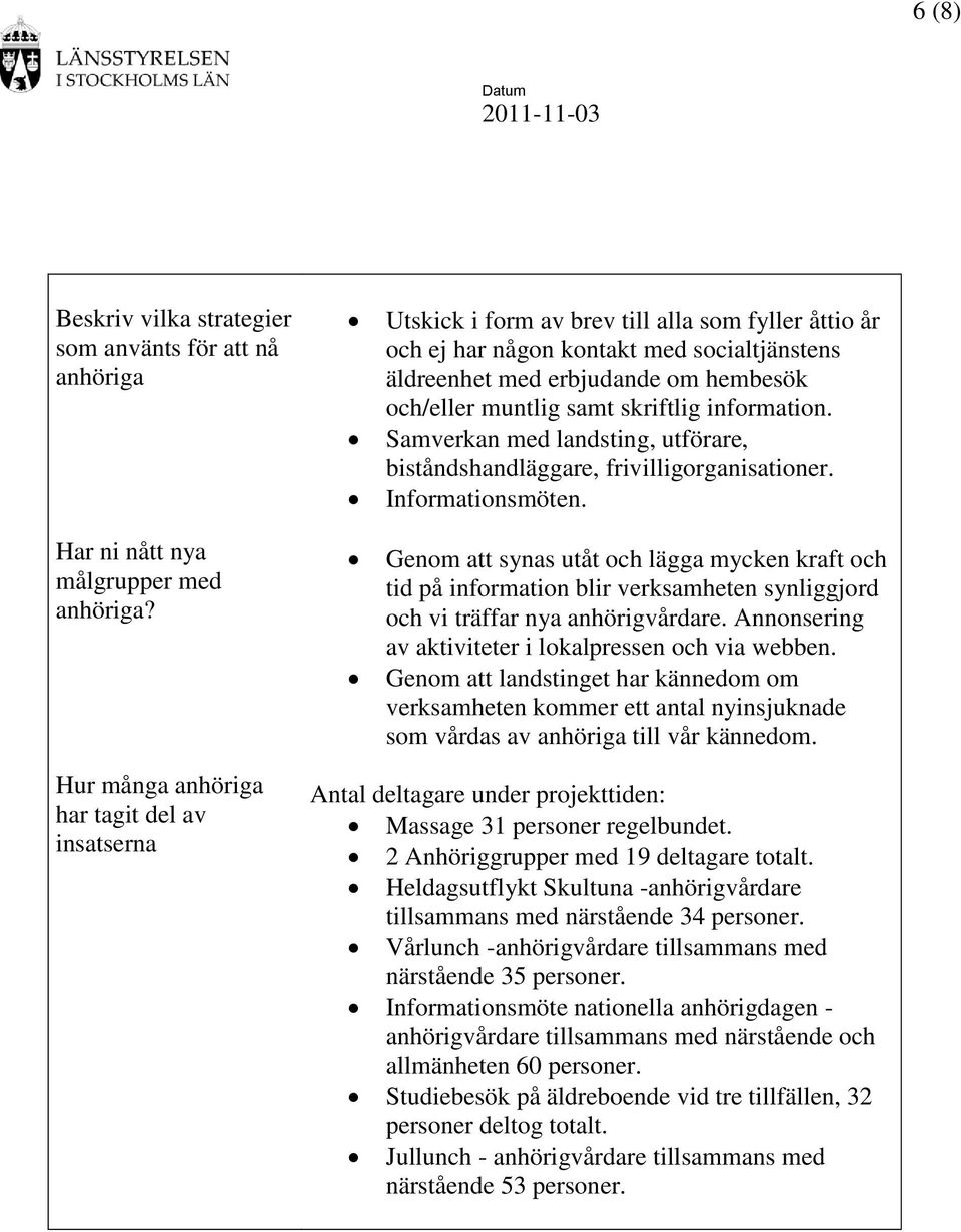 Samverkan med landsting, utförare, biståndshandläggare, frivilligorganisationer. Informationsmöten.