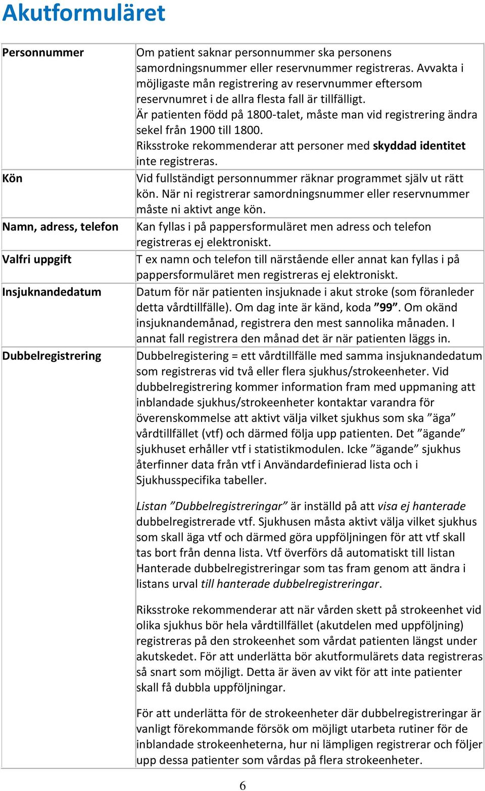 Är patienten född på 1800-talet, måste man vid registrering ändra sekel från 1900 till 1800. Riksstroke rekommenderar att personer med skyddad identitet inte registreras.