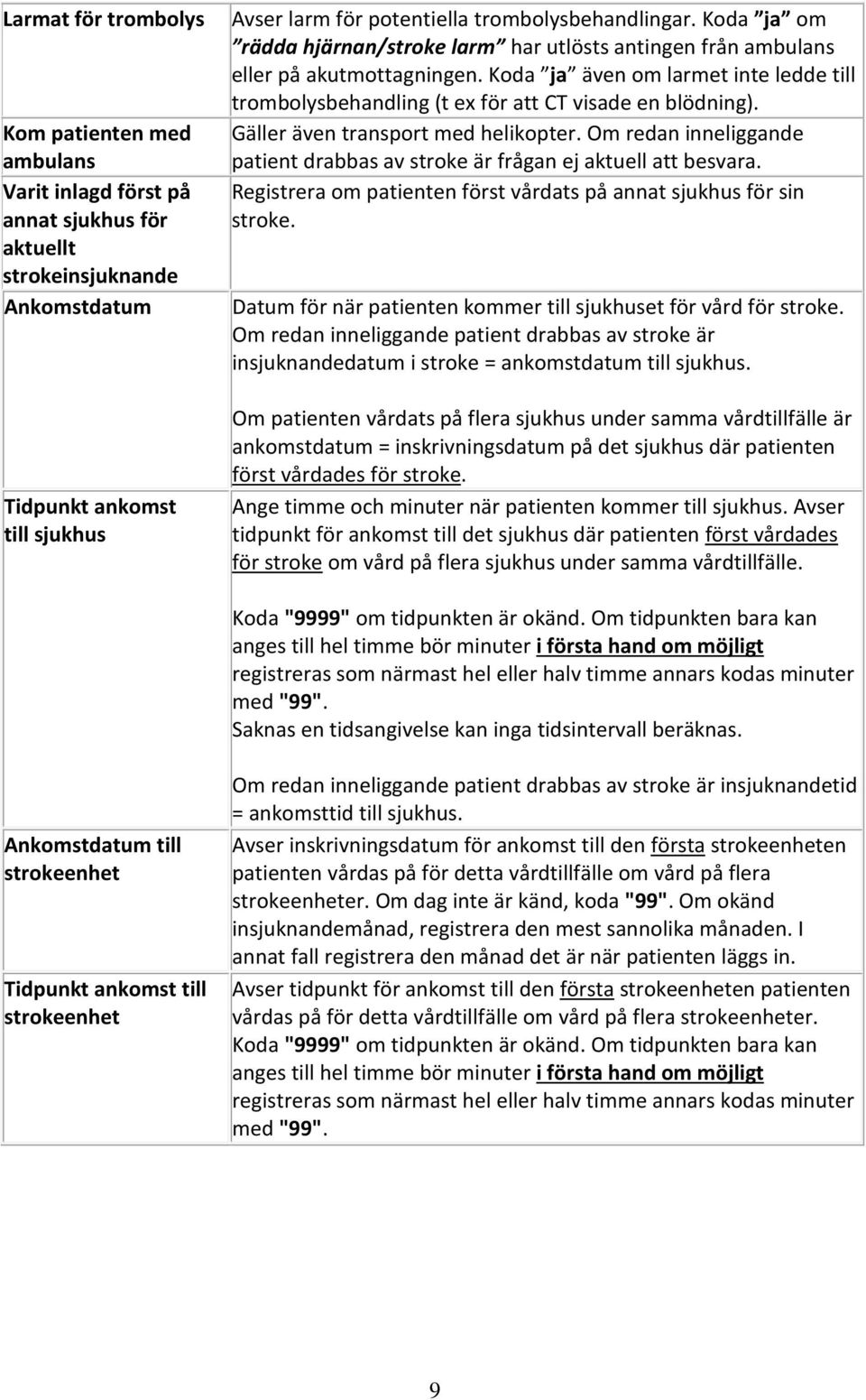 Koda ja även om larmet inte ledde till trombolysbehandling (t ex för att CT visade en blödning). Gäller även transport med helikopter.
