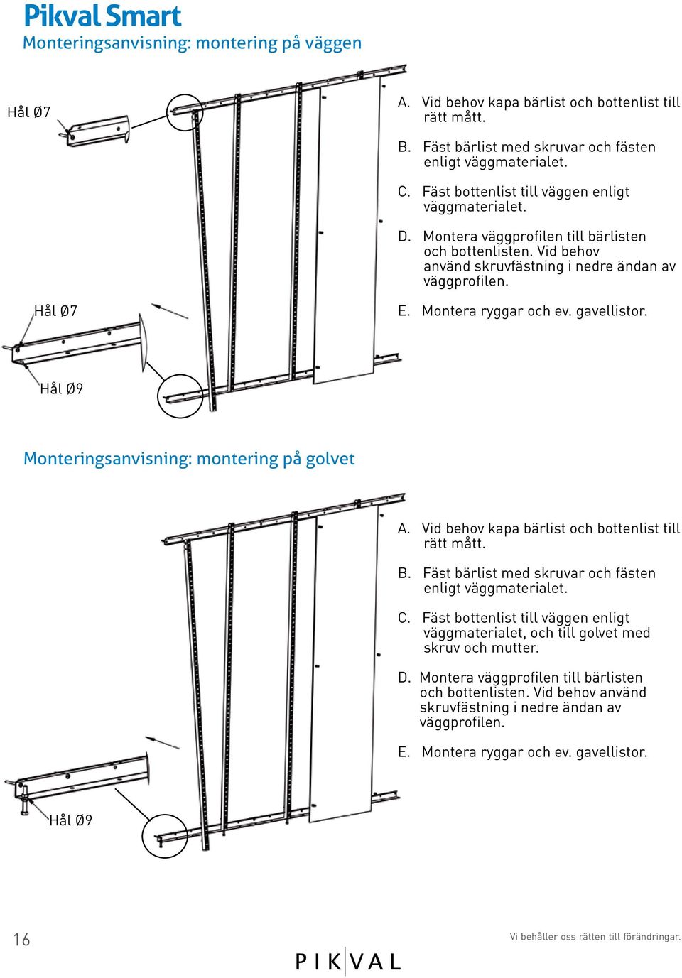 Montera ryggar och ev. gavellistor. Hål Ø9 : montering på golvet A. Vid behov kapa bärlist och bottenlist till rätt mått. B. Fäst bärlist med skruvar och fästen enligt väggmaterialet. C.
