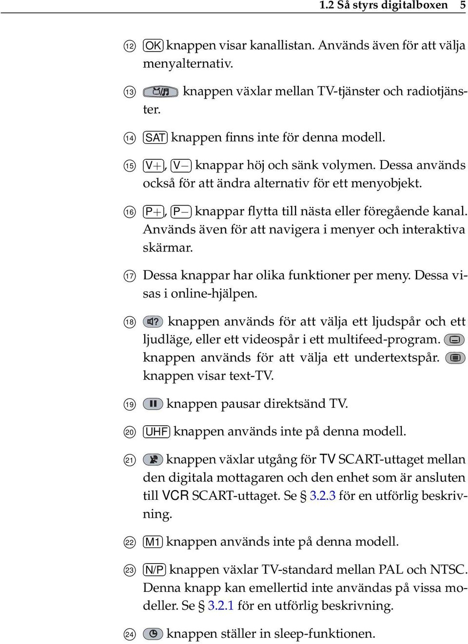 16 P+, P knappar flytta till nästa eller föregående kanal. Används även för att navigera i menyer och interaktiva skärmar. 18 17 Dessa knappar har olika funktioner per meny.
