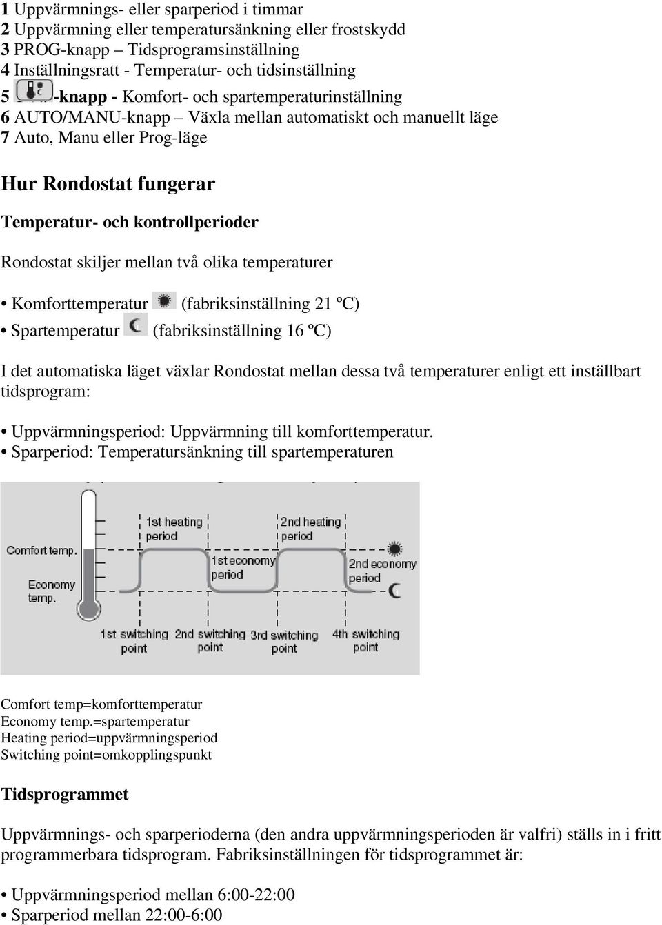 skiljer mellan två olika temperaturer Komforttemperatur Spartemperatur (fabriksinställning 21 ºC) (fabriksinställning 16 ºC) I det automatiska läget växlar Rondostat mellan dessa två temperaturer