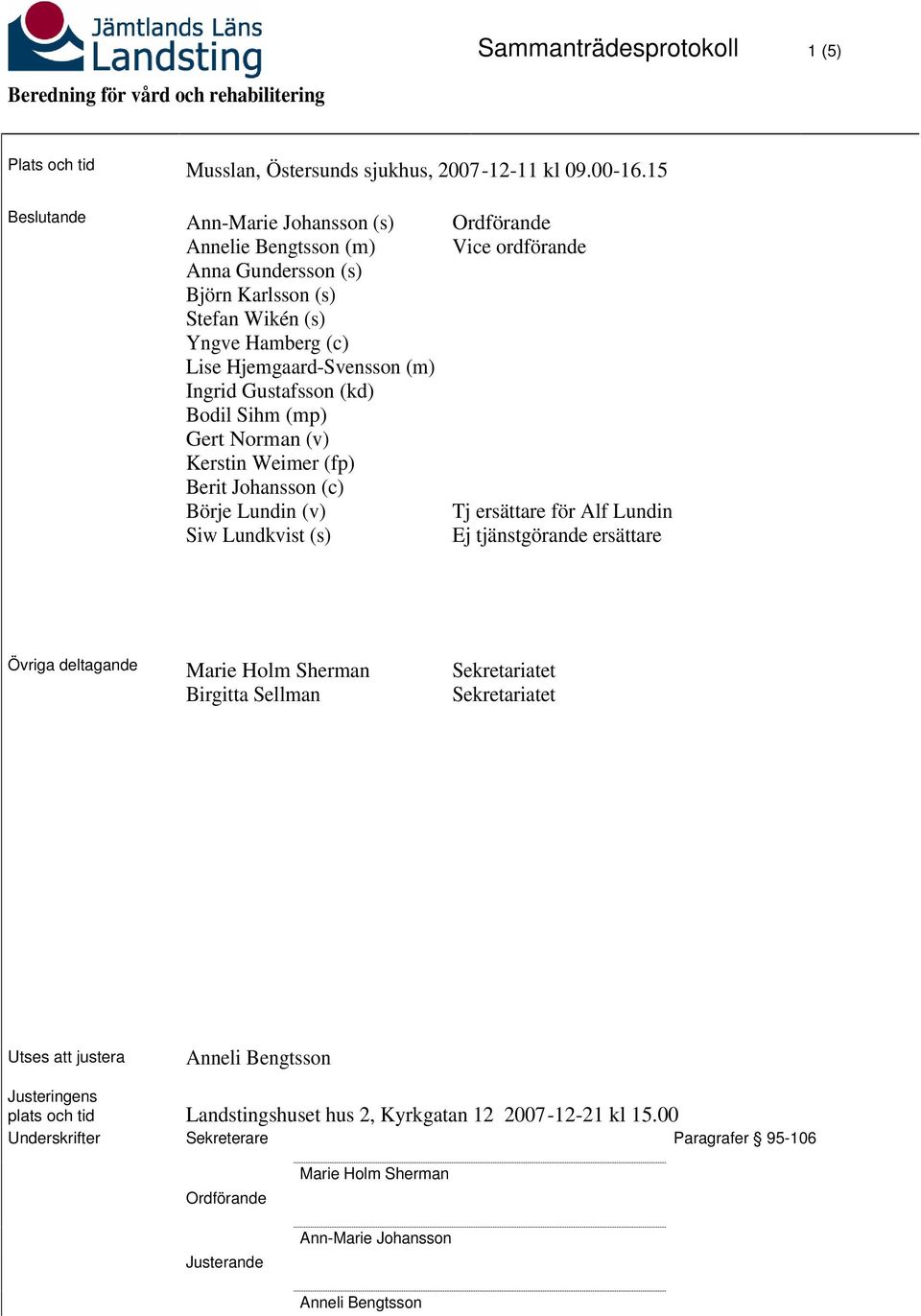 Bodil Sihm (mp) Gert Norman (v) Kerstin Weimer (fp) Berit Johansson (c) Börje Lundin (v) Siw Lundkvist (s) Ordförande Vice ordförande Tj ersättare för Alf Lundin Ej tjänstgörande ersättare