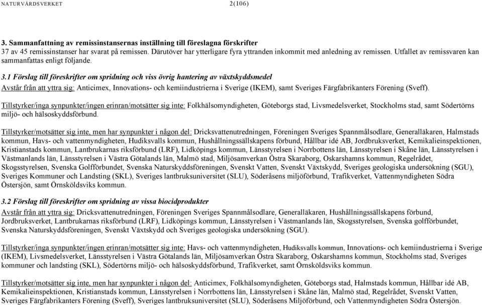 1 Förslag till föreskrifter om spridning och viss övrig hantering av växtskyddsmedel Avstår från att yttra sig: Anticimex, Innovations och kemiindustrierna i Sverige (IKEM), samt Sveriges