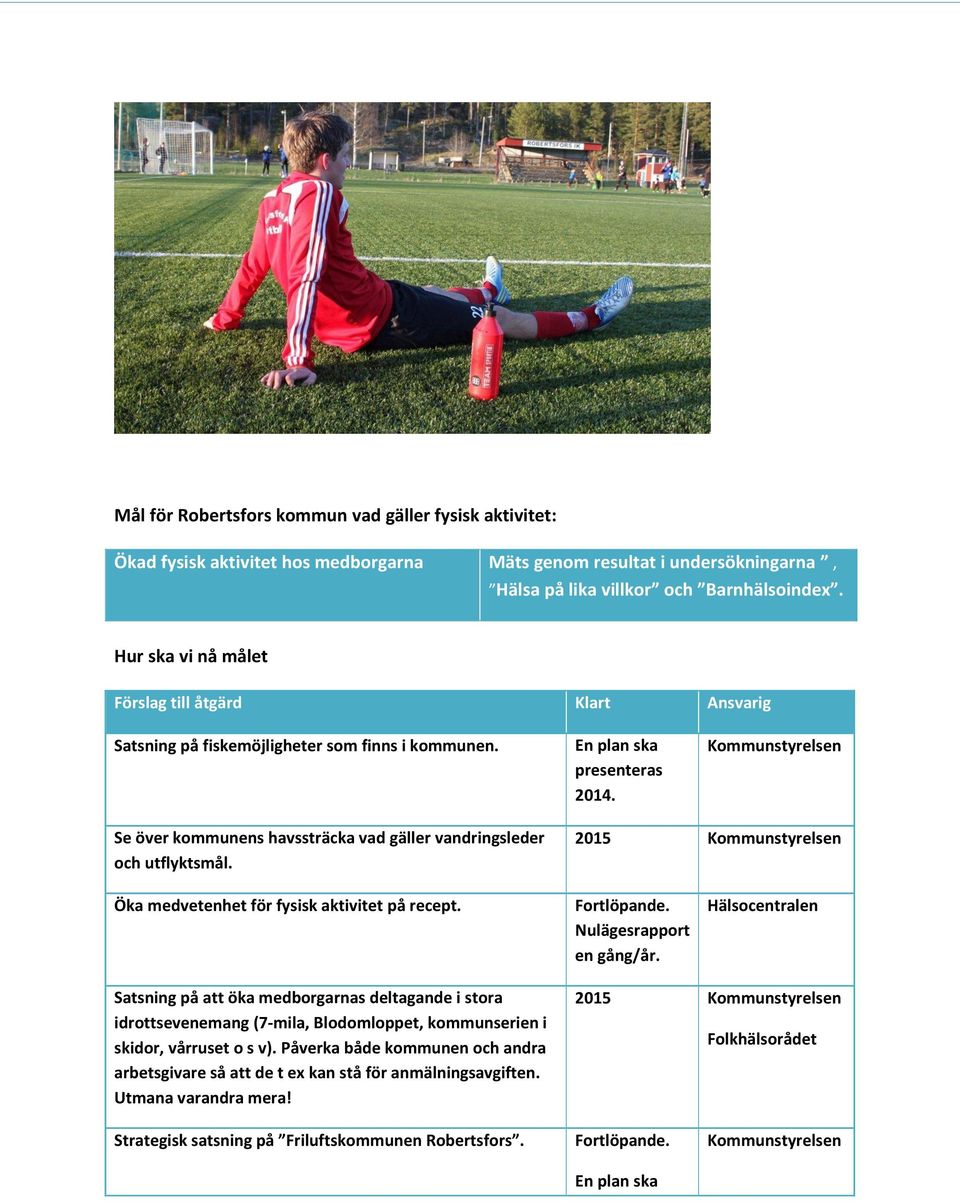 2015 Kommunstyrelsen Öka medvetenhet för fysisk aktivitet på recept. Fortlöpande. Nulägesrapport en gång/år.