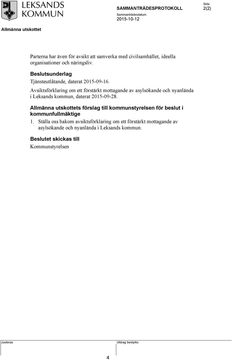 Avsiktsförklaring om ett förstärkt mottagande av asylsökande och nyanlända i Leksands kommun, daterat