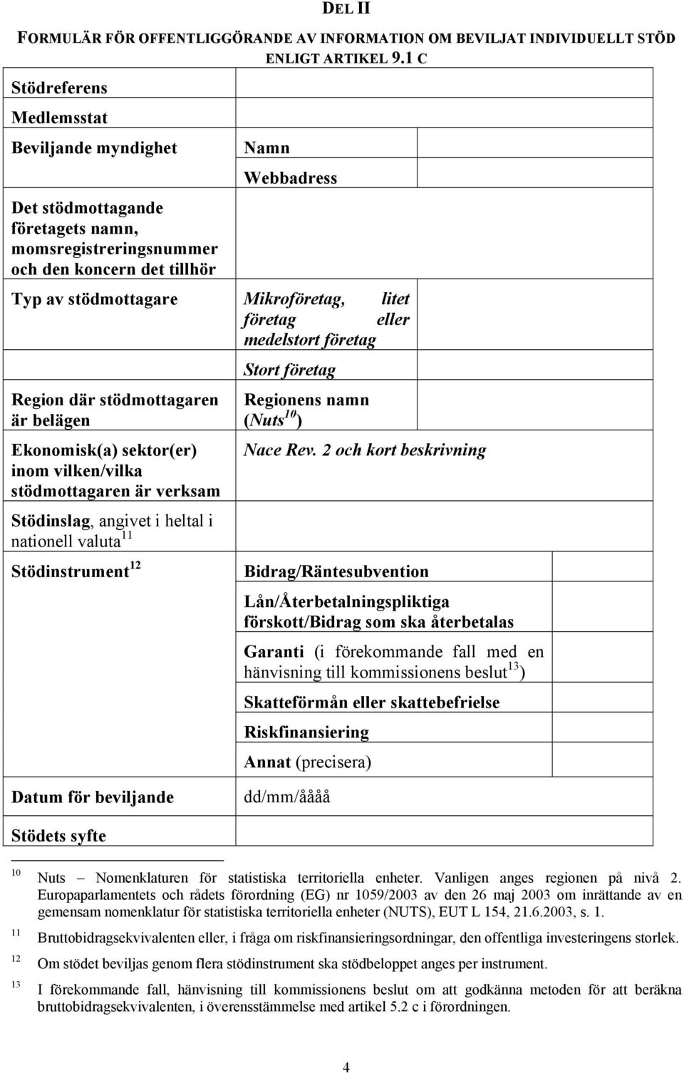 företag eller medelstort företag Region där stödmottagaren är belägen Ekonomisk(a) sektor(er) inom vilken/vilka stödmottagaren är verksam Stödinslag, angivet i heltal i nationell valuta 11