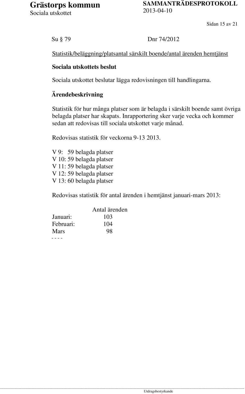 Inrapportering sker varje vecka och kommer sedan att redovisas till sociala utskottet varje månad. Redovisas statistik för veckorna 9-13 2013.
