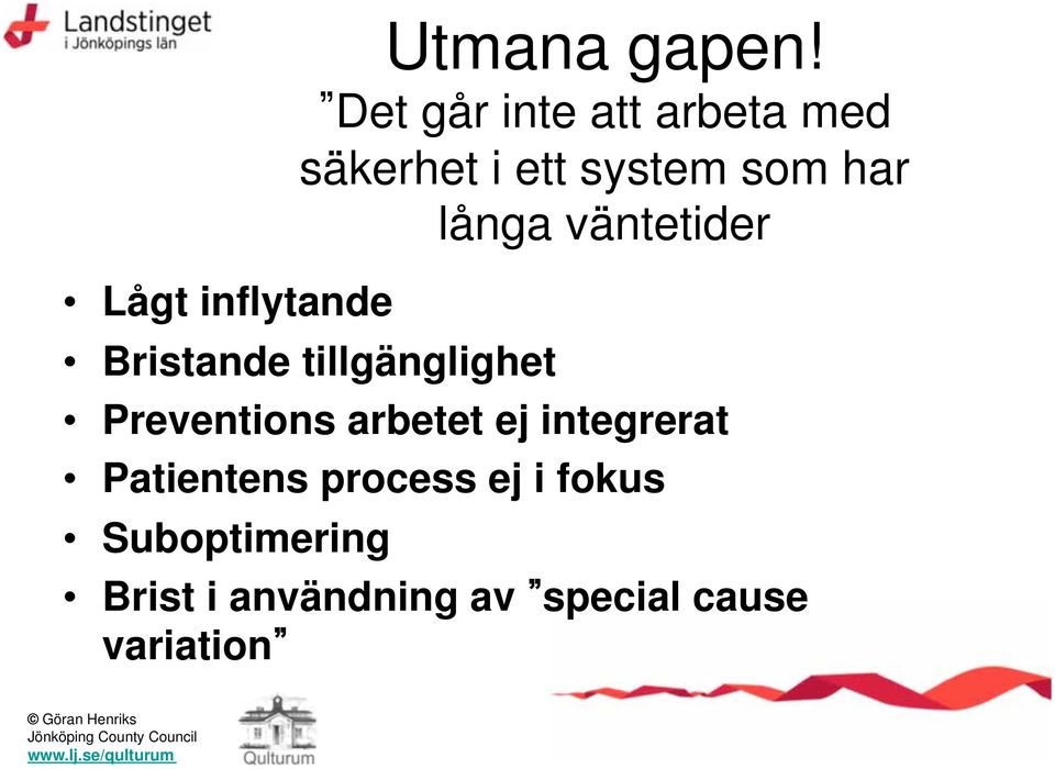 väntetider Lågt inflytande Bristande tillgänglighet Preventions