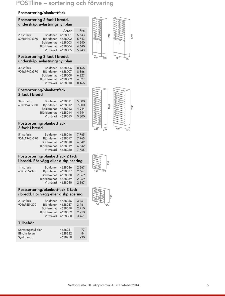 4628008 6 327 Björklaminat 4628009 6 327 Vitmålad 4628010 8 166 Postsortering/blankettfack, 2 fack i bredd 34 st fack Bokfanér 4628011 5 800 xx Björkfanér 4628012 5800 Boklaminat 4628013 4 944