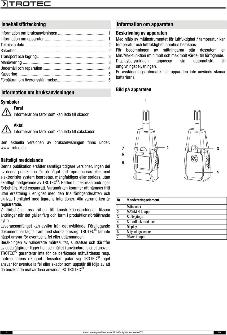 Information om apparaten Beskrivning av apparaten Med hjälp av mätinstrumentet för luftfuktighet / temperatur kan temperatur och luftfuktighet inomhus beräknas.