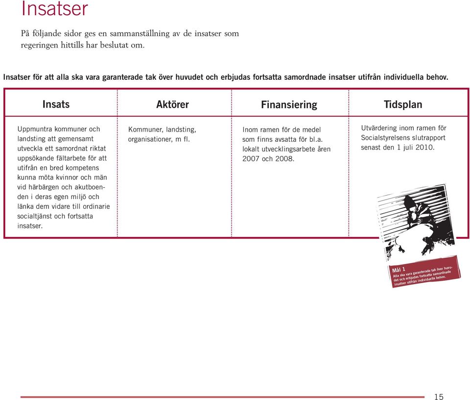 Insats Aktörer Finansiering Tidsplan Uppmuntra kommuner och landsting att gemensamt utveckla ett samordnat riktat uppsökande fältarbete för att utifrån en bred kompetens kunna möta kvinnor och män