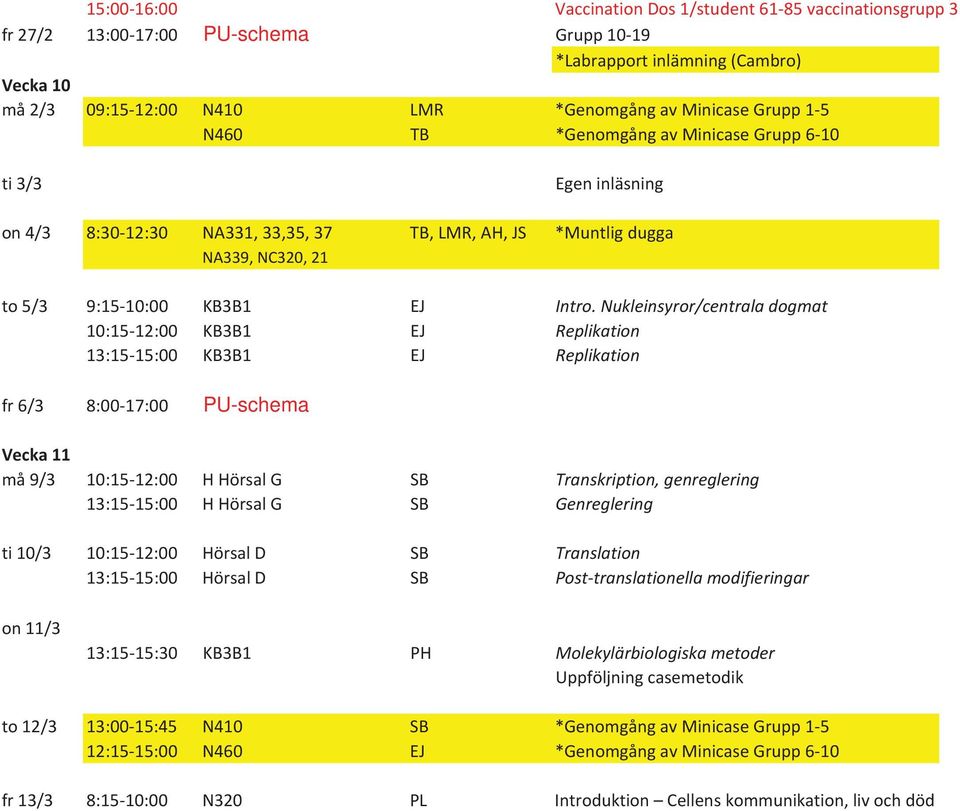 Nukleinsyror/centrala dogmat 10:15-12:00 KB3B1 EJ Replikation 13:15-15:00 KB3B1 EJ Replikation fr 6/3 8:00-17:00 PU-schema Vecka 11 må 9/3 10:15-12:00 H Hörsal G SB Transkription, genreglering