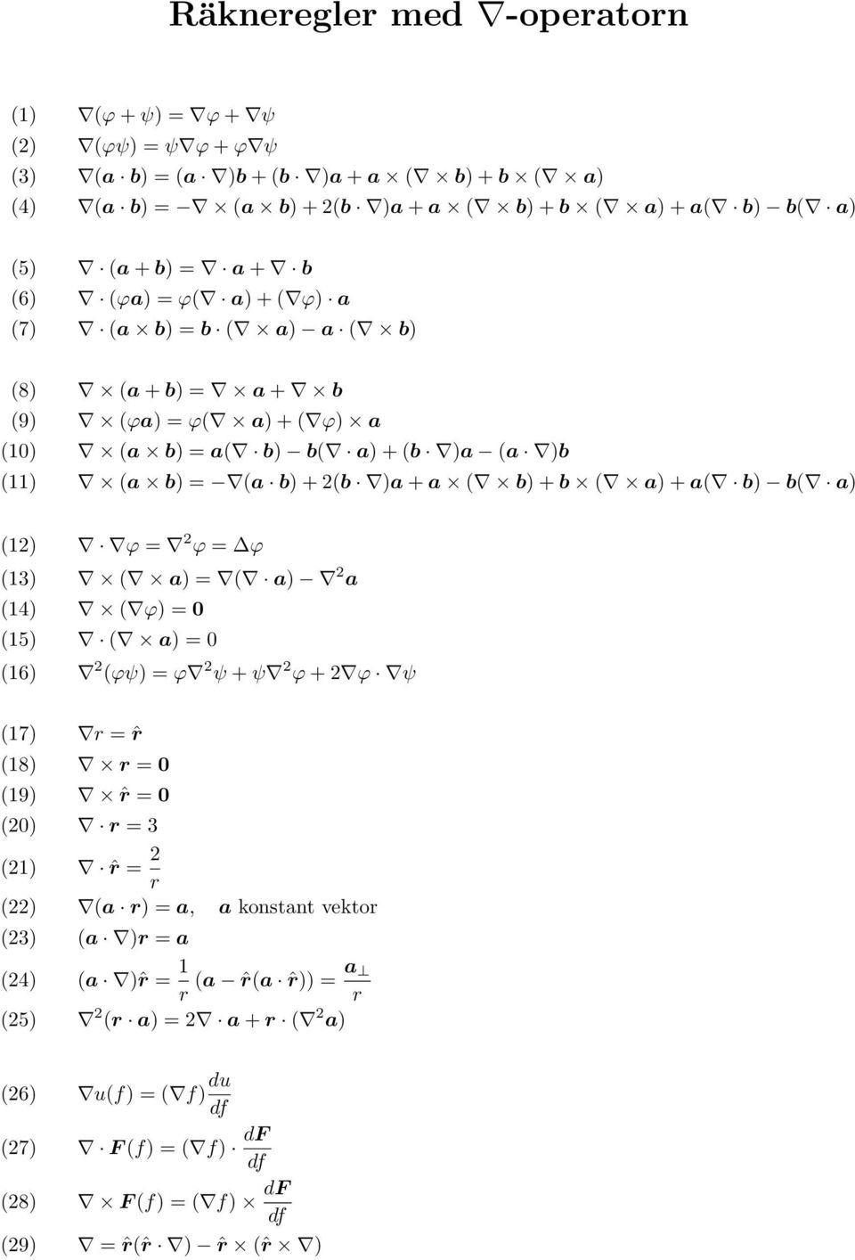 b) b( a) (12) ϕ = 2 ϕ = ϕ (13) ( a) = ( a) 2 a (14) ( ϕ) = 0 (15) ( a) = 0 (16) 2 (ϕψ) = ϕ 2 ψ + ψ 2 ϕ + 2 ϕ ψ (17) r = ˆr (18) r = 0 (19) ˆr = 0 (20) r = 3 (21) ˆr = 2 r (22) (a r) = a, a