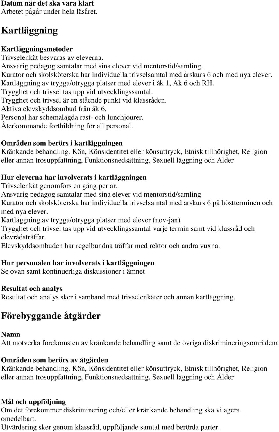 Trygghet och trivsel tas upp vid utvecklingssamtal. Trygghet och trivsel är en stående punkt vid klassråden. Aktiva elevskyddsombud från åk 6. Personal har schemalagda rast- och lunchjourer.