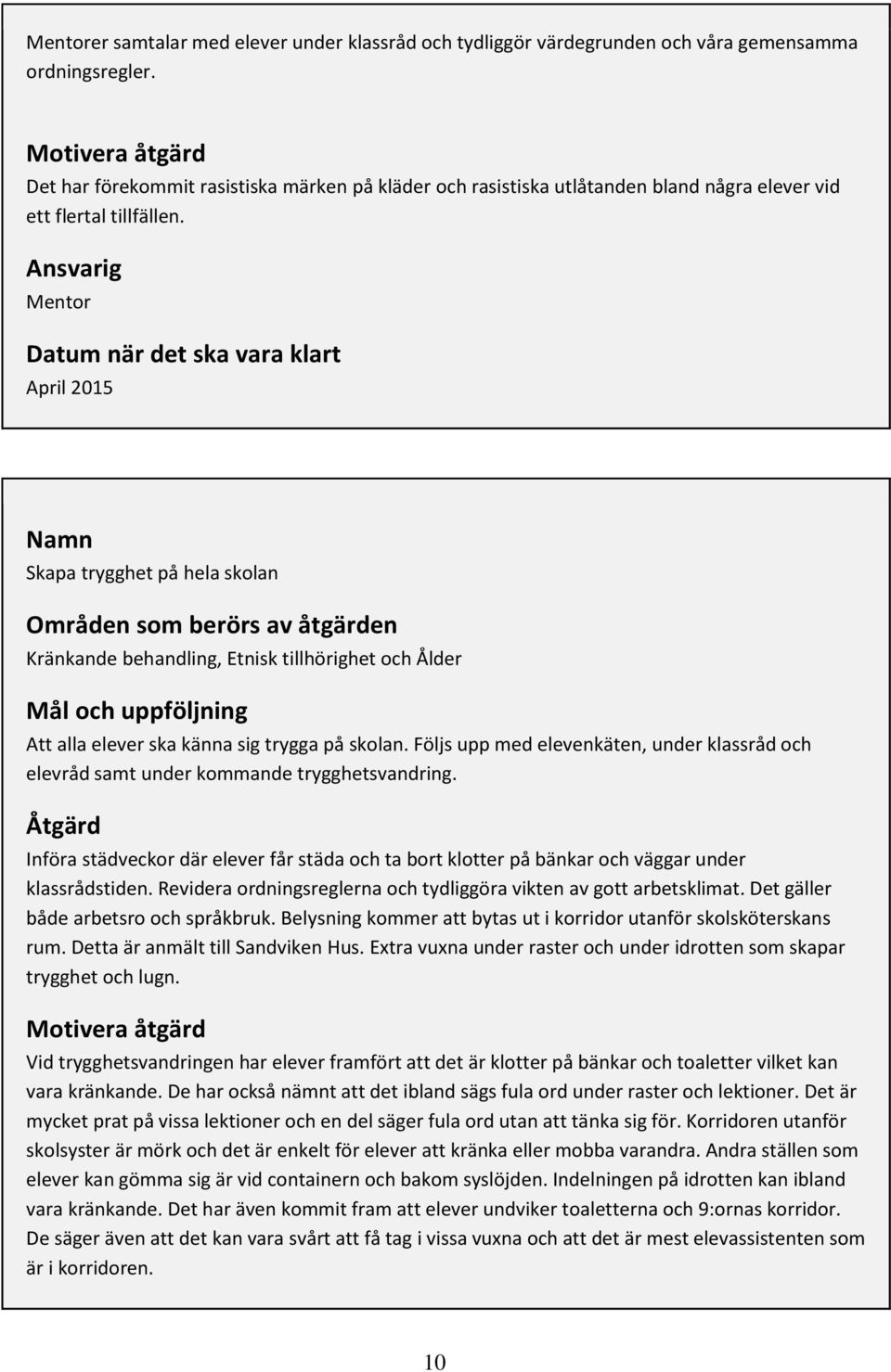 Ansvarig Mentor Datum när det ska vara klart April 2015 Namn Skapa trygghet på hela skolan Områden som berörs av åtgärden Kränkande behandling, Etnisk tillhörighet och Ålder Mål och uppföljning Att